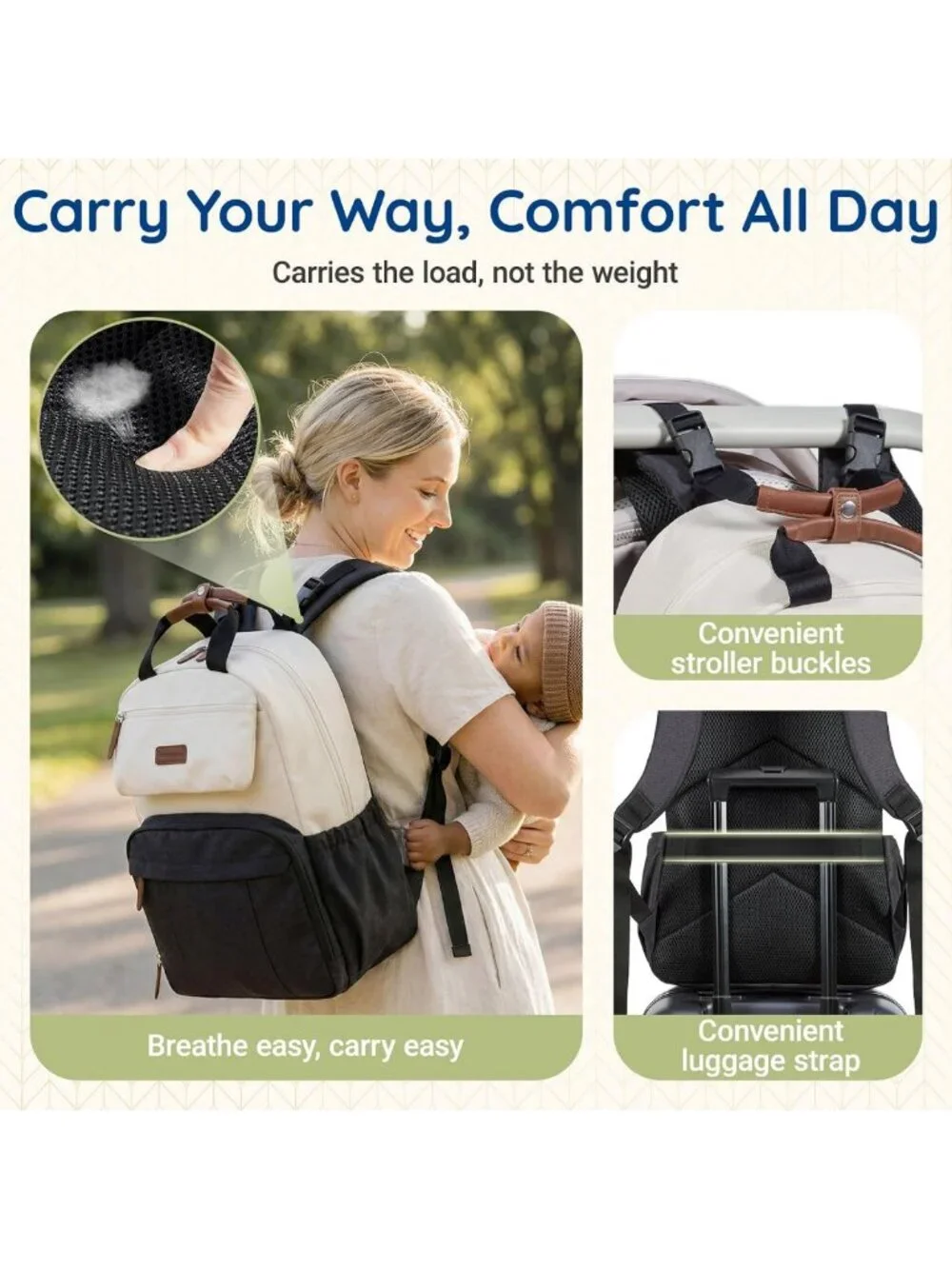 Stylish Diaper Bag Backpack with Changing Pad, Insulated Pockets & Stroller